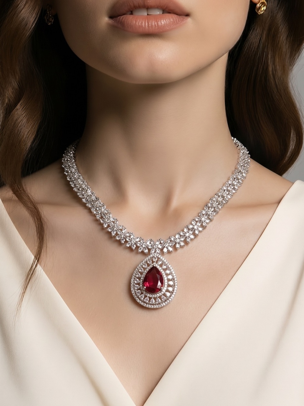 Teardrop Ruby CZ Pendant Necklace - Silver & Ruby Red